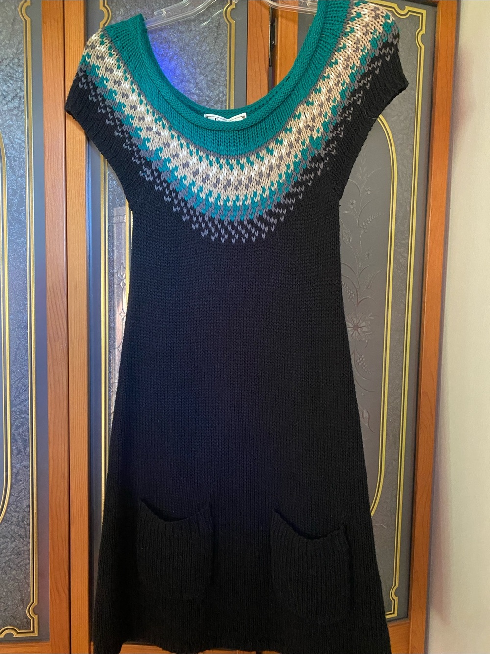 Decree Black, Teal and Gray Fair Isle Knit layering tunic dress